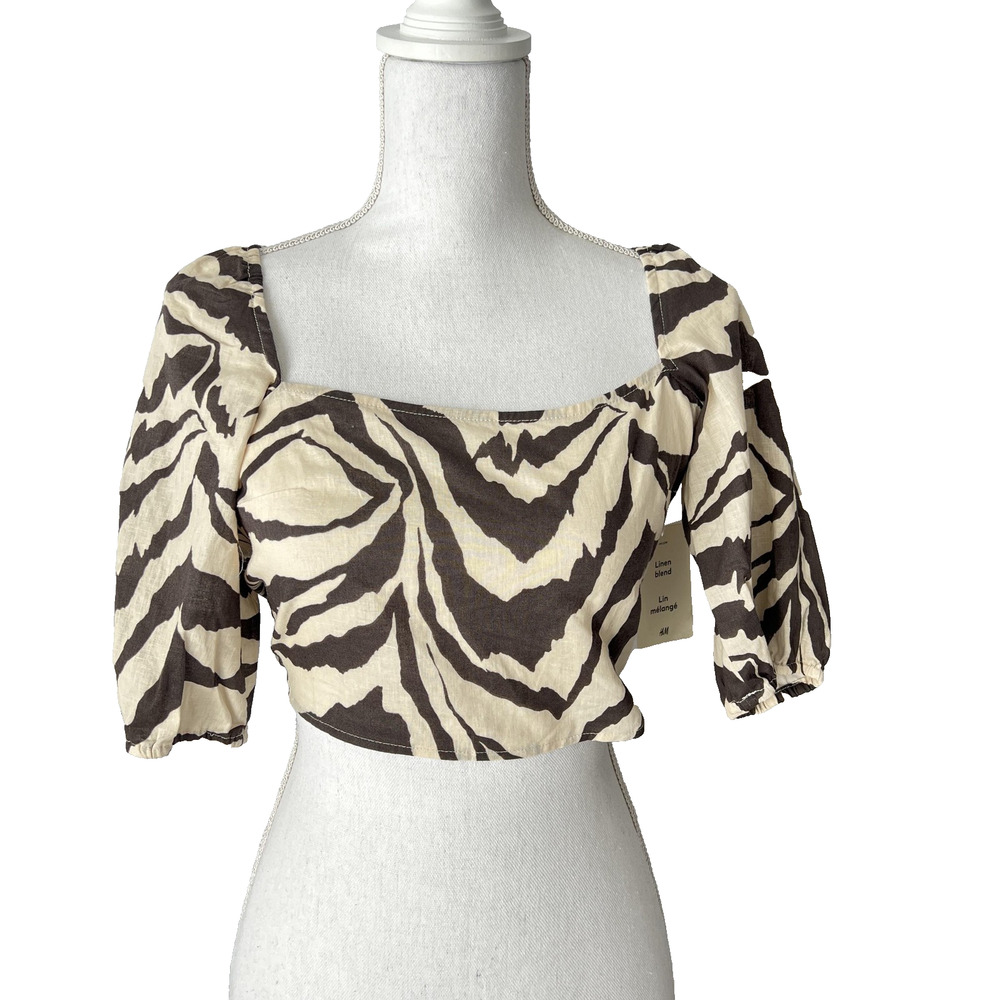 H&M Blouse Womens‎ XS Brown Linen Blend Zebra Puff Sleeve Tie Open Back Crop Top